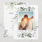 Elegant Waterverf Eucalyptus PHOTO Weddenschap Save The Date (Voorkant / Achterkant)