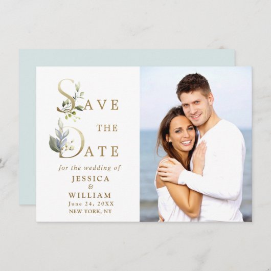 Elegant Waterverf Eucalyptus PHOTO Weddenschap Save The Date (Voorkant / Achterkant)