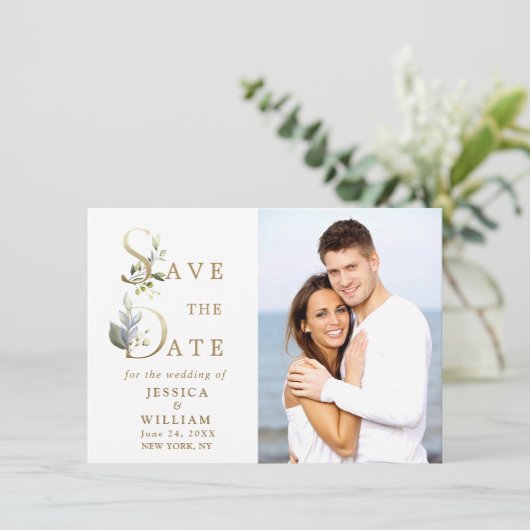 Elegant Waterverf Eucalyptus PHOTO Weddenschap Save The Date (Staand voorkant)