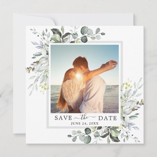 Elegant Waterverf Eucalyptus PHOTO Weddenschap Save The Date (Voorkant)