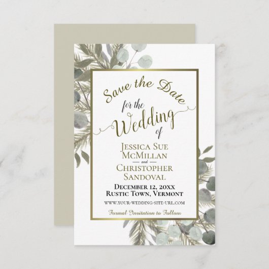 Elegant Waterverf Eucalyptus & Pine Wedding Save The Date (Voorkant / Achterkant)