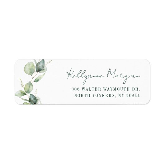Elegant Waterverf Eucalyptus Retouradres Script Etiket (Voorkant)
