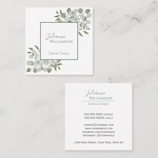 Elegant Waterverf Eucalyptus Sage Green Square Vierkante Visitekaartje (Voorkant / Achterkant)