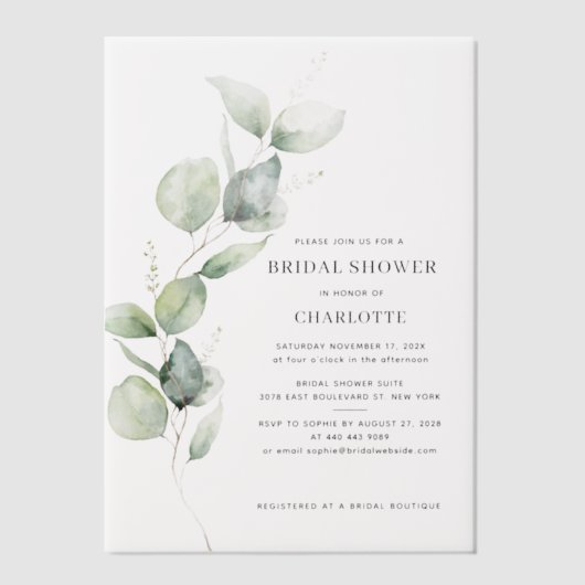 Elegant Waterverf Eucalyptus Vrijgezellenfeest Vellum Uitnodigingen (Voorkant)