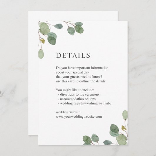 Elegant Waterverf Eucalyptus Weddenschap Details Informatiekaartje (Voorkant / Achterkant)