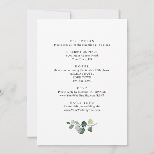 Elegant Waterverf Eucalyptus Weddenschap Details Kaart (Achterkant)