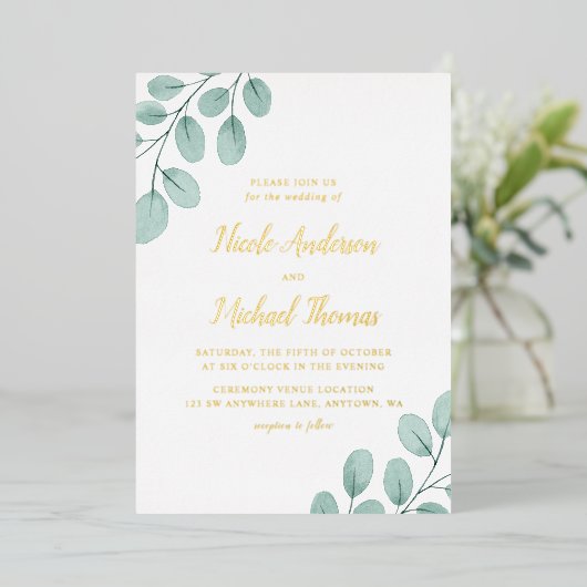 Elegant Waterverf Eucalyptus Weddenschap Gold Folie Uitnodiging (Staand Voorkant)