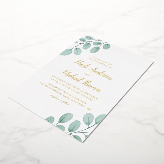 Elegant Waterverf Eucalyptus Weddenschap Gold Folie Uitnodiging (Gedraaid)