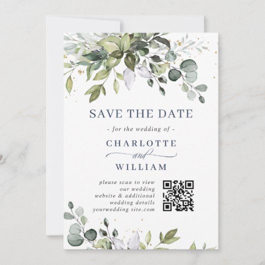 Elegant Waterverf Eucalyptus Weddenschap QR-code Save The Date (Voorkant)