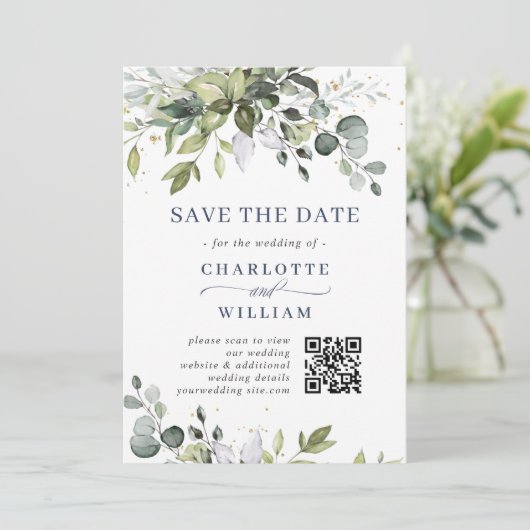 Elegant Waterverf Eucalyptus Weddenschap QR-code Save The Date (Staand voorkant)