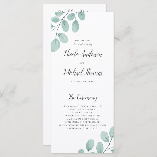 Elegant Waterverf Eucalyptus Wedding Programmakaart (Voorkant / Achterkant)