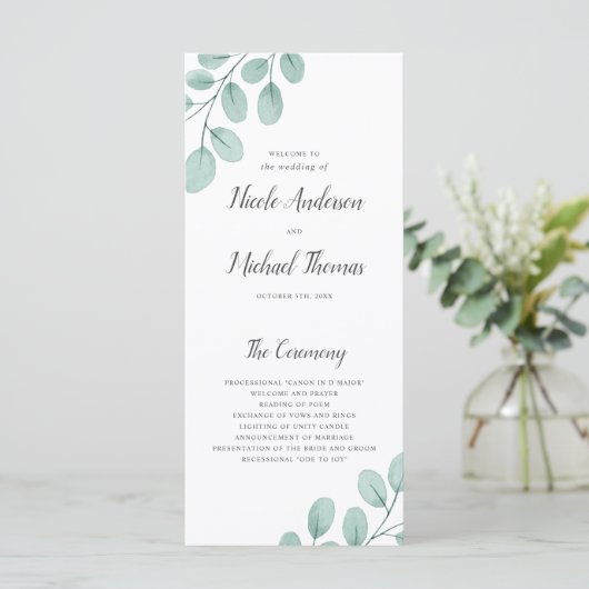 Elegant Waterverf Eucalyptus Wedding Programmakaart (Staand voorkant)