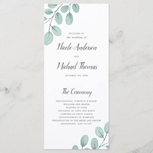 Elegant Waterverf Eucalyptus Wedding Programmakaart (Voorkant)