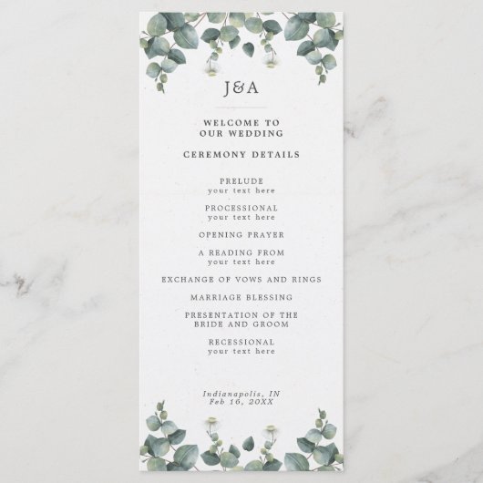 Elegant Waterverf Eucalyptus Wedding Programmakaart (Voorkant)