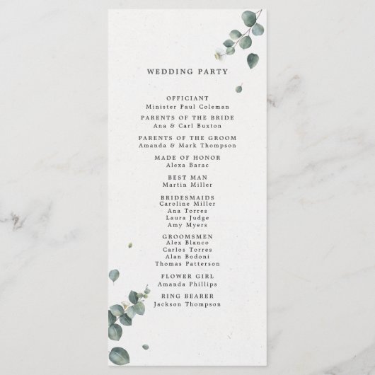 Elegant Waterverf Eucalyptus Wedding Programmakaart (Achterkant)