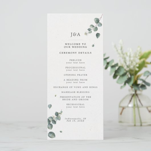 Elegant Waterverf Eucalyptus Wedding Programmakaart (Staand voorkant)