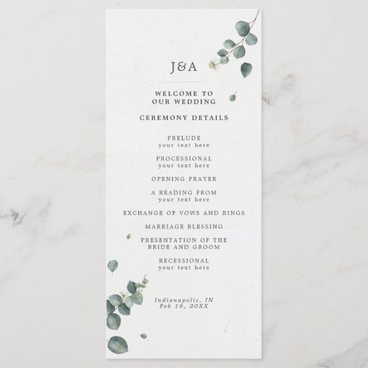 Elegant Waterverf Eucalyptus Wedding Programmakaart (Voorkant)