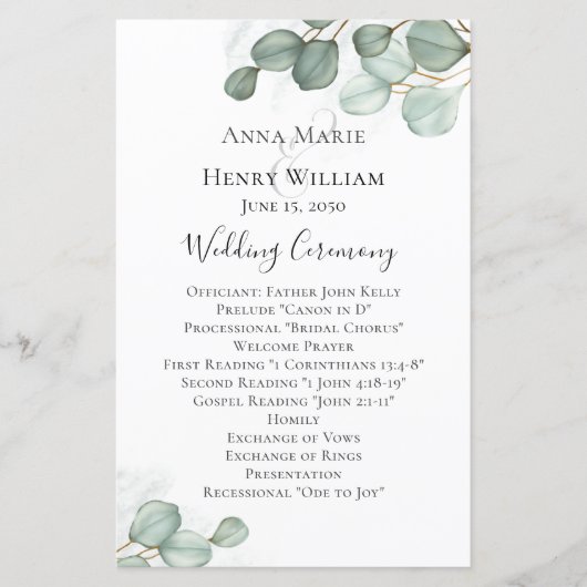 Elegant Waterverf Eucalyptus Wedding Programme (Voorkant)