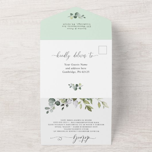 Elegant Waterverf Eucalyptus Wedding QR code All In One Uitnodiging (Buitenkant)