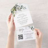 Elegant Waterverf Eucalyptus Wedding QR code All In One Uitnodiging (Afscheurbaar)