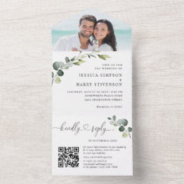 Elegant Waterverf Eucalyptus Wedding QR code All In One Uitnodiging
