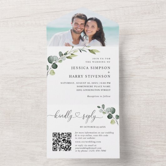 Elegant Waterverf Eucalyptus Wedding QR code All In One Uitnodiging (Binnen)