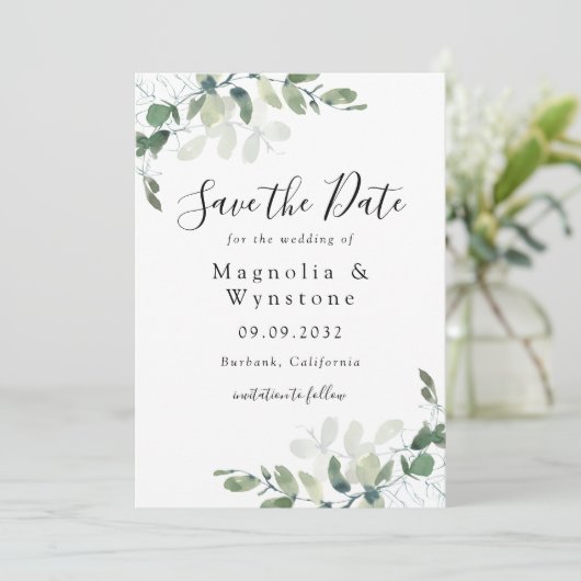 Elegant Waterverf Eucalyptus Wedding Save The Date (Staand voorkant)