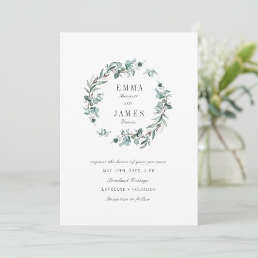 Elegant Waterverf Eucalyptus Wreath Wedding Kaart (Staand voorkant)