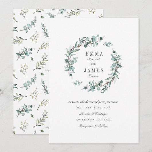 Elegant Waterverf Eucalyptus Wreath Wedding Kaart (Voorkant / Achterkant)