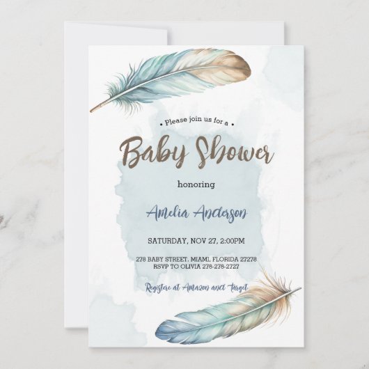 Elegant Waterverf Feathers Baby shower Kaart (Voorkant)