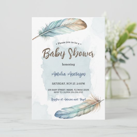 Elegant Waterverf Feathers Baby shower Kaart (Staand voorkant)