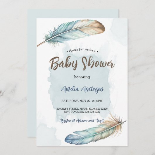 Elegant Waterverf Feathers Baby shower Kaart (Voorkant / Achterkant)