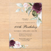 Elegant Waterverf Floral 100th Birthday Acryl Uitnodigingen (Voorkant)