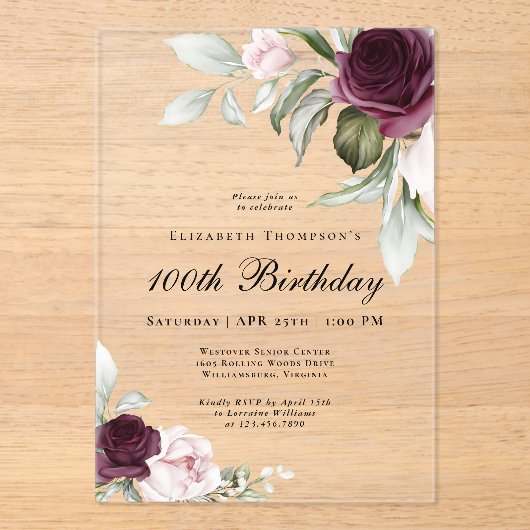 Elegant Waterverf Floral 100th Birthday Acryl Uitnodigingen (Voorkant)