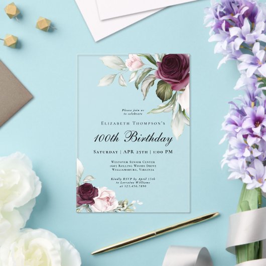 Elegant Waterverf Floral 100th Birthday Acryl Uitnodigingen (Insitu (Huwelijk))