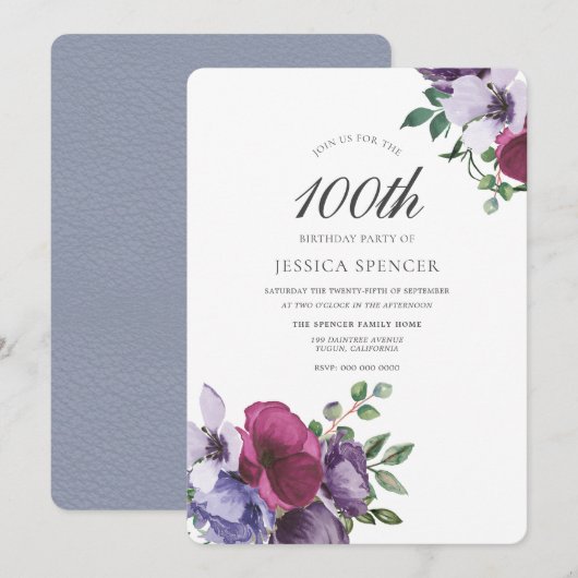 Elegant Waterverf Floral 100th Birthday Invite Kaart (Voorkant / Achterkant)