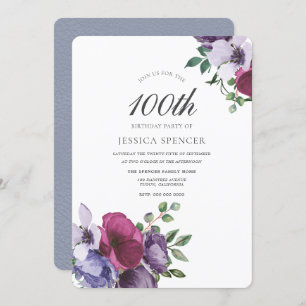 Elegant Waterverf Floral 100th Birthday Invite Kaart