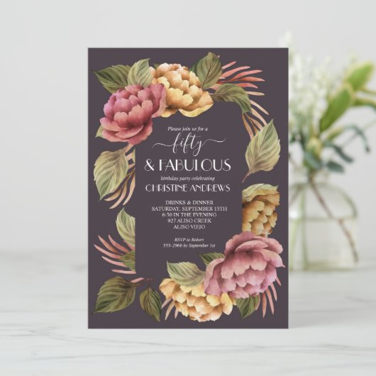 Elegant Waterverf Floral 50th Birthday Party Kaart (Staand voorkant)