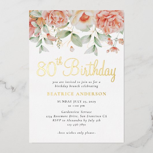 Elegant Waterverf Floral 80th Birthday Folie Uitnodiging (Voorkant)