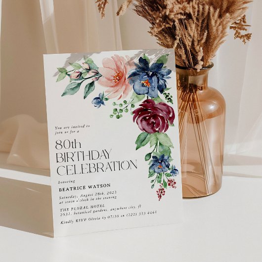 Elegant Waterverf Floral 80th Birthday Kaart