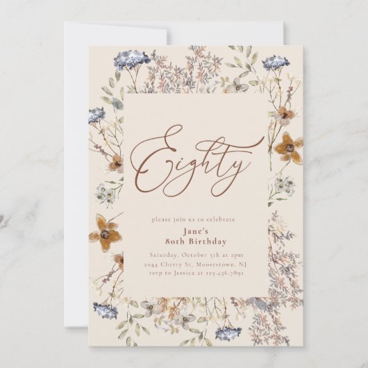 Elegant Waterverf Floral 80th Birthday Kaart (Voorkant)