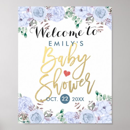 Elegant Waterverf Floral Baby shower Welkomstteken Poster (Voorkant)