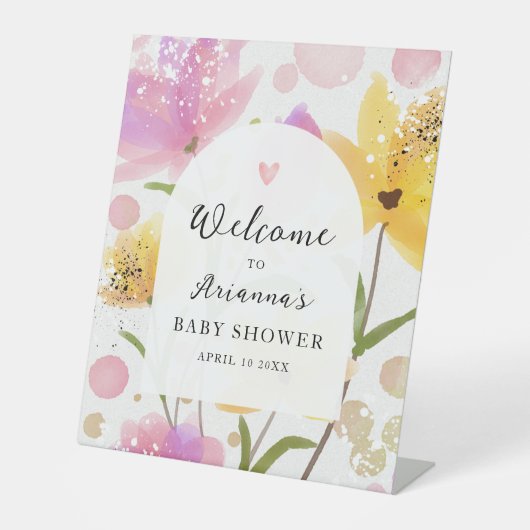 Elegant Waterverf Floral Baby shower Welkomstteken Reclamebord Met Voetstuk (Voorkant)