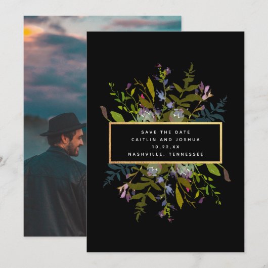 Elegant Waterverf Floral Black Achtergrond Foto S Save The Date (Voorkant / Achterkant)