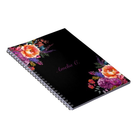 Elegant Waterverf Floral Black Notitieboek (Rechterzijde)