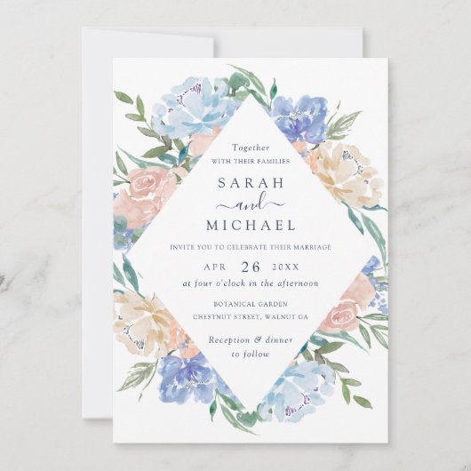 Elegant Waterverf Floral Blue Blush Lijst Wedding Kaart (Voorkant)