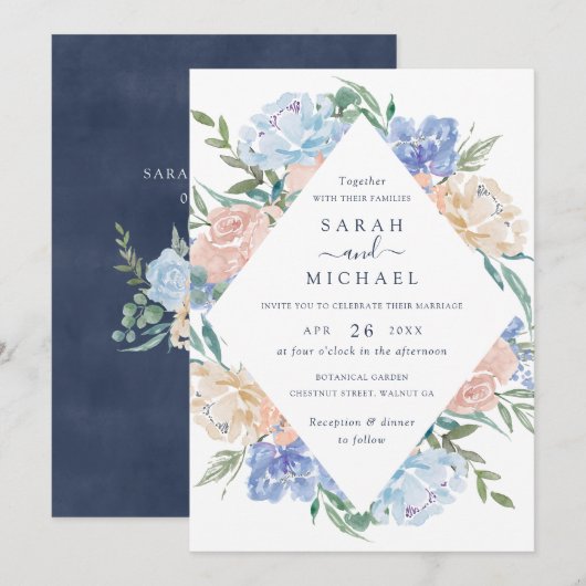 Elegant Waterverf Floral Blue Blush Lijst Wedding Kaart (Voorkant / Achterkant)