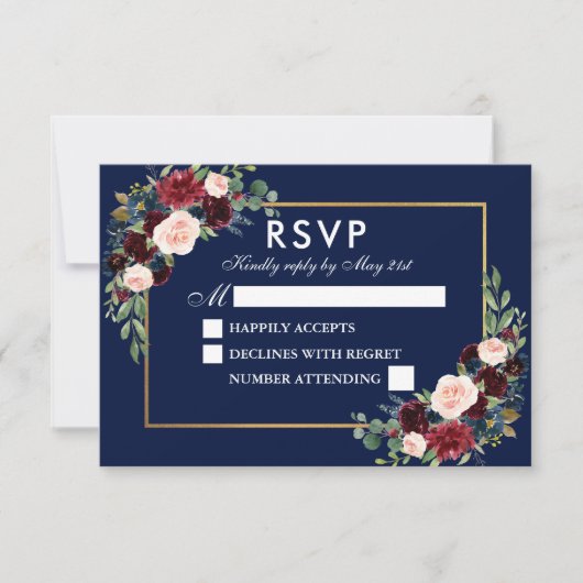 Elegant Waterverf Floral Blue Burgundy Wedding RSVP Kaartje (Voorkant)