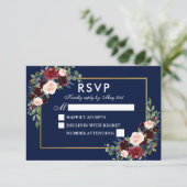 Elegant Waterverf Floral Blue Burgundy Wedding RSVP Kaartje (Staand voorkant)