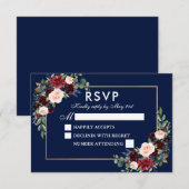 Elegant Waterverf Floral Blue Burgundy Wedding RSVP Kaartje (Voorkant / Achterkant)